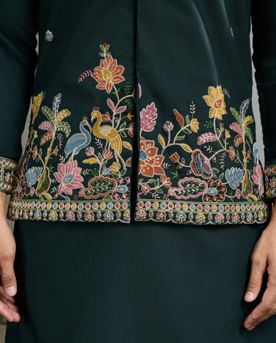 61235-green - Stylish Green Men's Kurta Koti Set – Trendy & Elegant